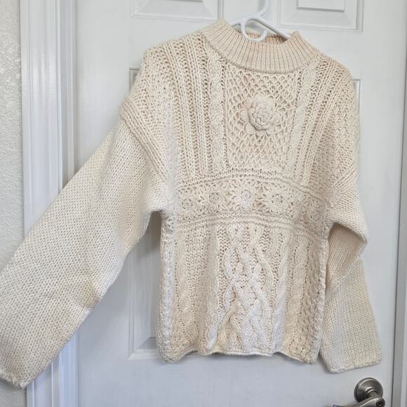 NWT Vintage Hand Knit Chunky Flower Cable Sweater L Cottage Boho Cream Grandma - Picture 2 of 10